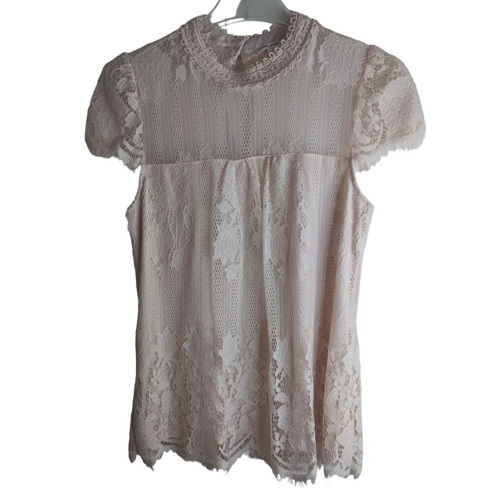 Ultra Pink Edwardian Cottagecore Romantic Pink Crochet Floral Lace Blouse Sz M